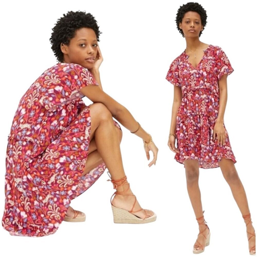 Anthropologie Robin Tiered Dress Womens Size M Flutter Sleeve Boho Print Pink